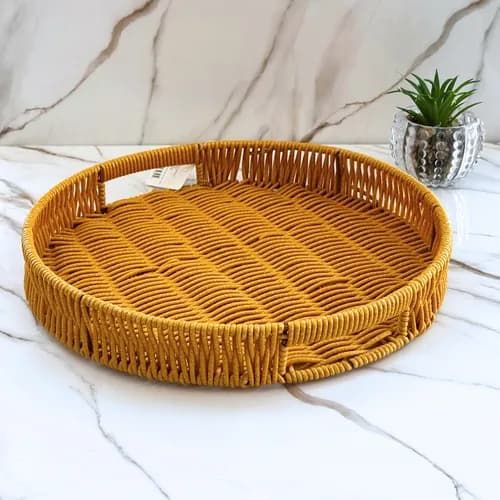 Bandeja Redonda Decorativa De Rattan Cantinho Do Café Alça Bandeja Redonda De Palha Pvc - R$ 69