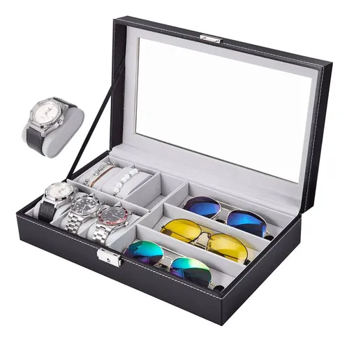 Caixa Porta Estojo 6 Relógios 3 Óculos Organizadora Couro Preto - R$ 114,45