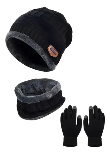 Kit Touca Gorro Cachecol + Luva Inverno Lã Pelinho Frio Cor Preto Tamanho Un