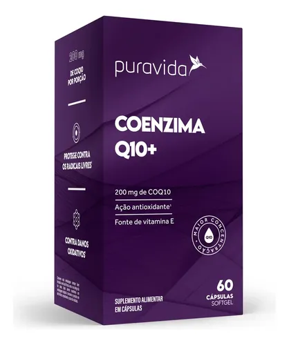 Coenzima Q10+ 200mg + Vitamina E 60 Cápsulas Sem Sabor Puravida