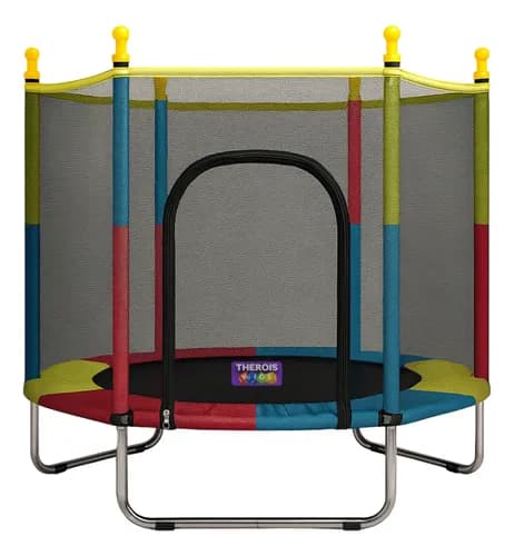 Cama elástica 1,40 infantil pula pula com tela lona de salto preto proteção de molas amarelo-vermelho-azul Therois Kids - R$ 317,19