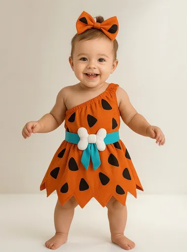 Romper Pedrita Fantasia Vestido Com Cinto De Ossinho Lindo - R$ 69,9